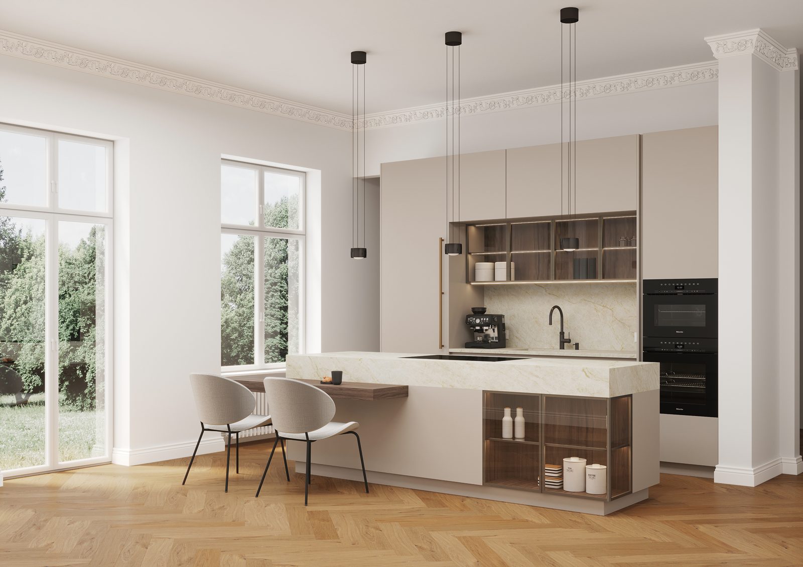 3D-Planung einer von HOME für Düsseldorf entworfenen Küche