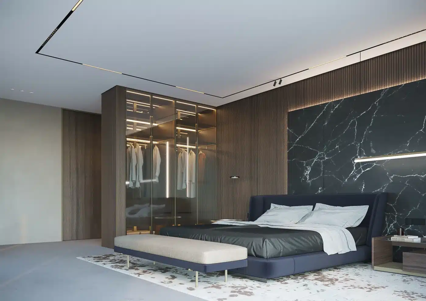 Ankleide mit Glasfront im Schlafzimmer, angrenzend an Bett und Marmorwand