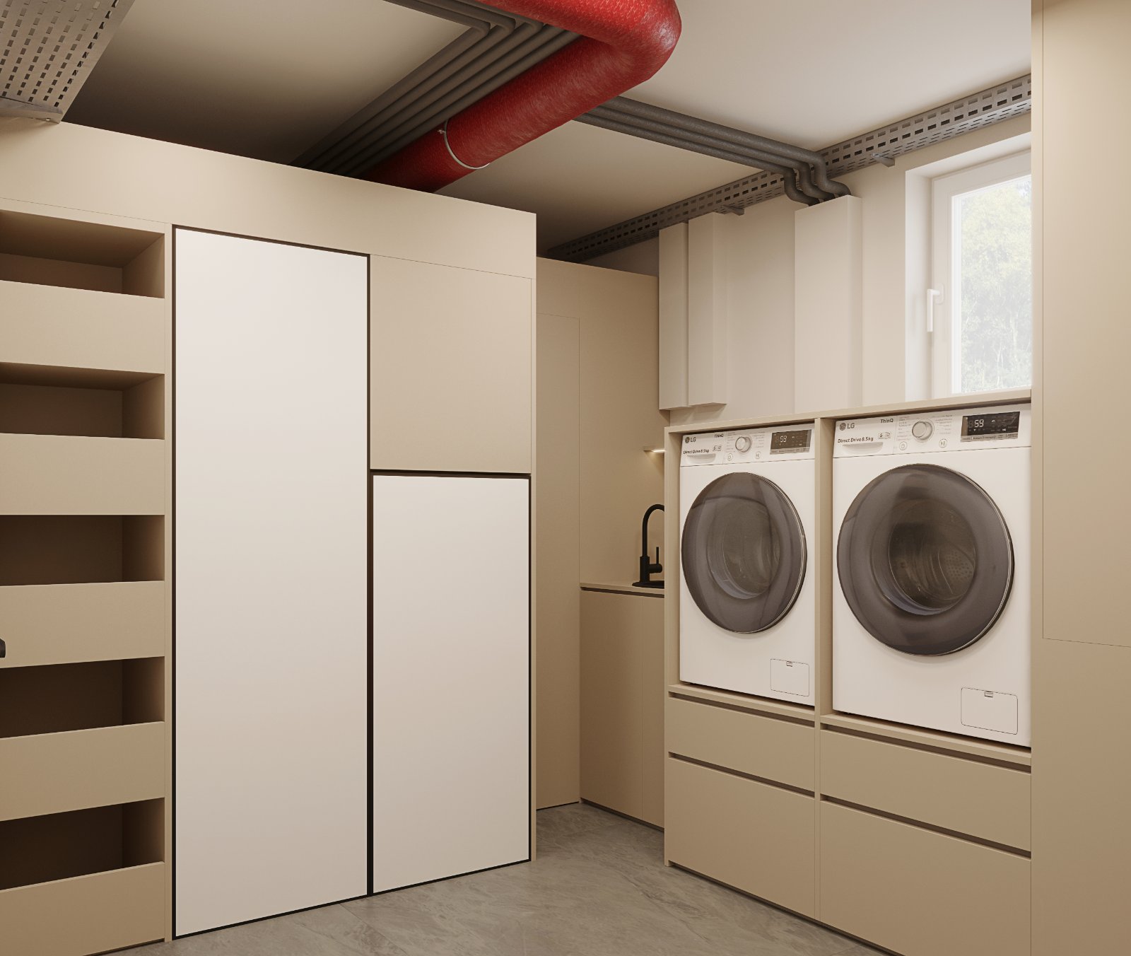 Farina Opoku: Visualisierung des Hauswirtschaftsraums mit Waschmaschine und Trockner auf Arbeitshöhe