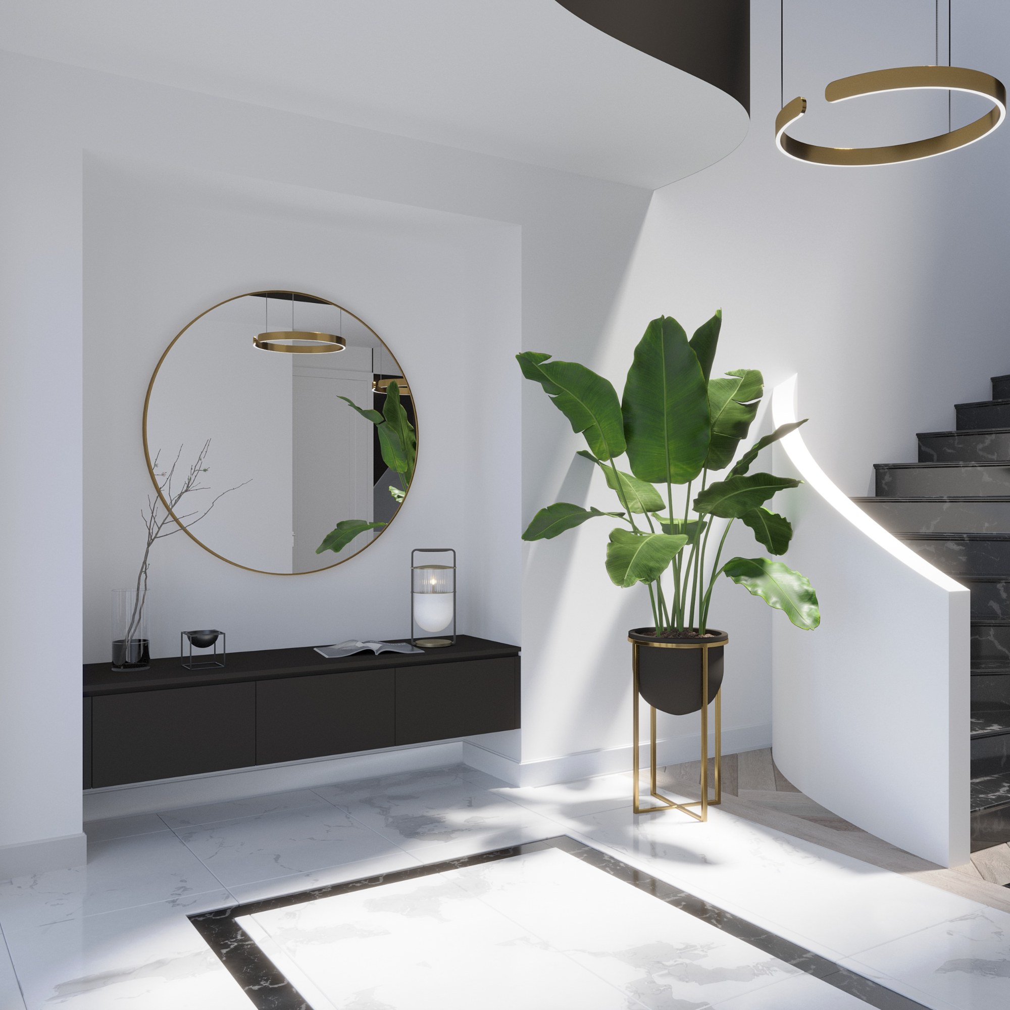 Visualisierung des Hauseingangs mit Sideboard und rundem Spiegel
