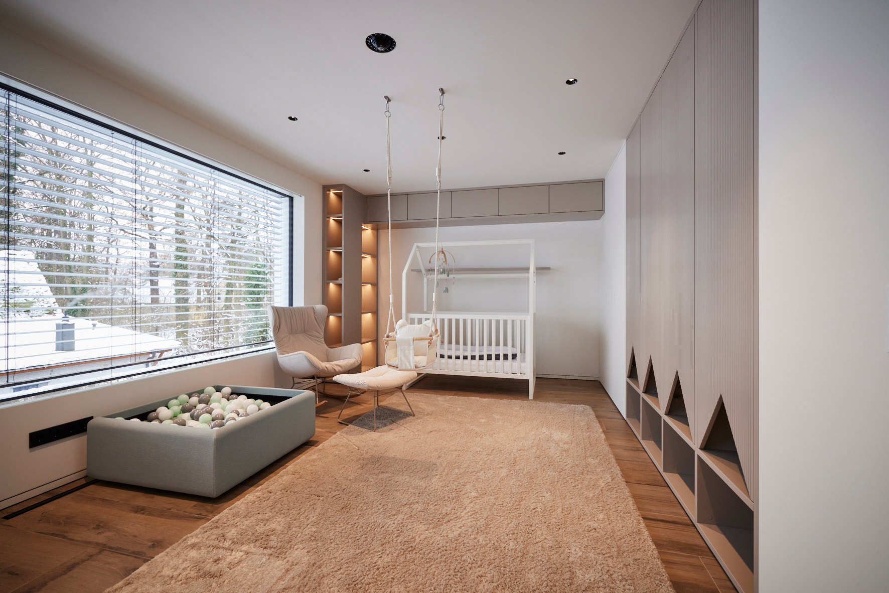 Fertiges Babyzimmer mit Einbauschrank und Hausnischen