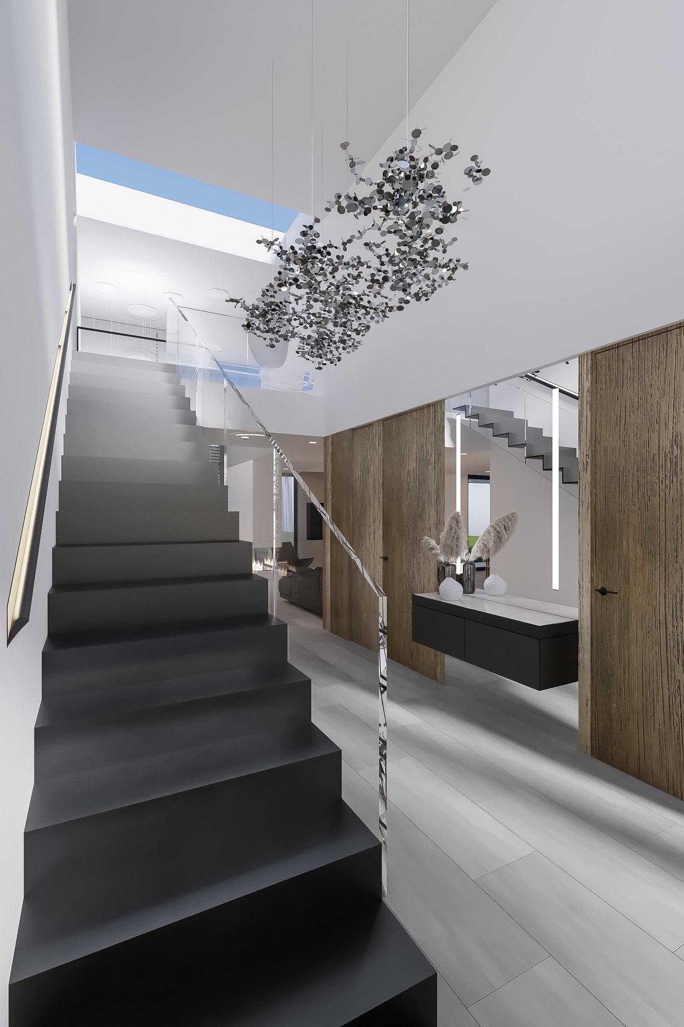Visualisierung des Eingangs mit Treppe und Sideboard