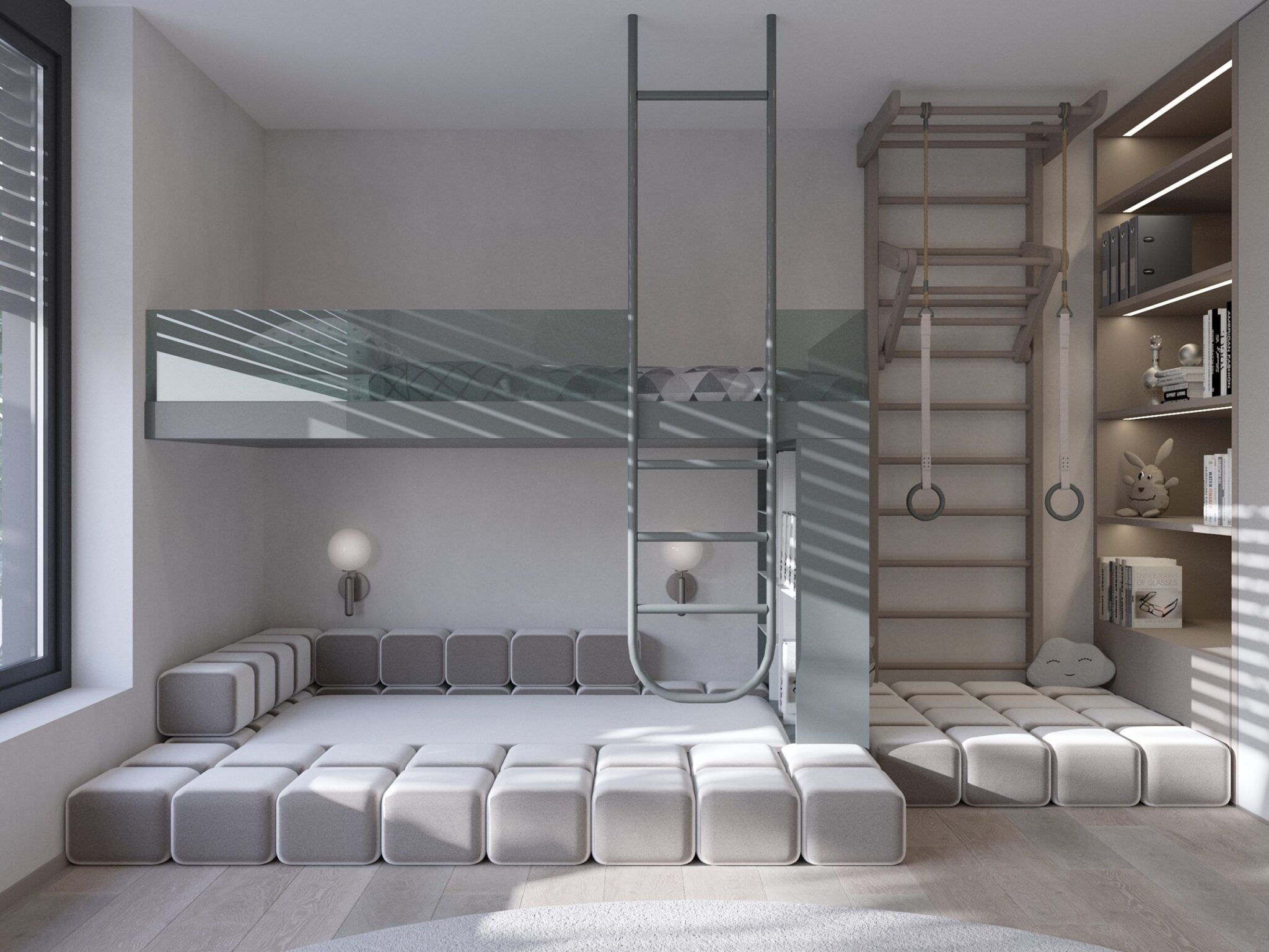 Visualisierung des Kinderzimmers mit Hochbett und Kletterwand