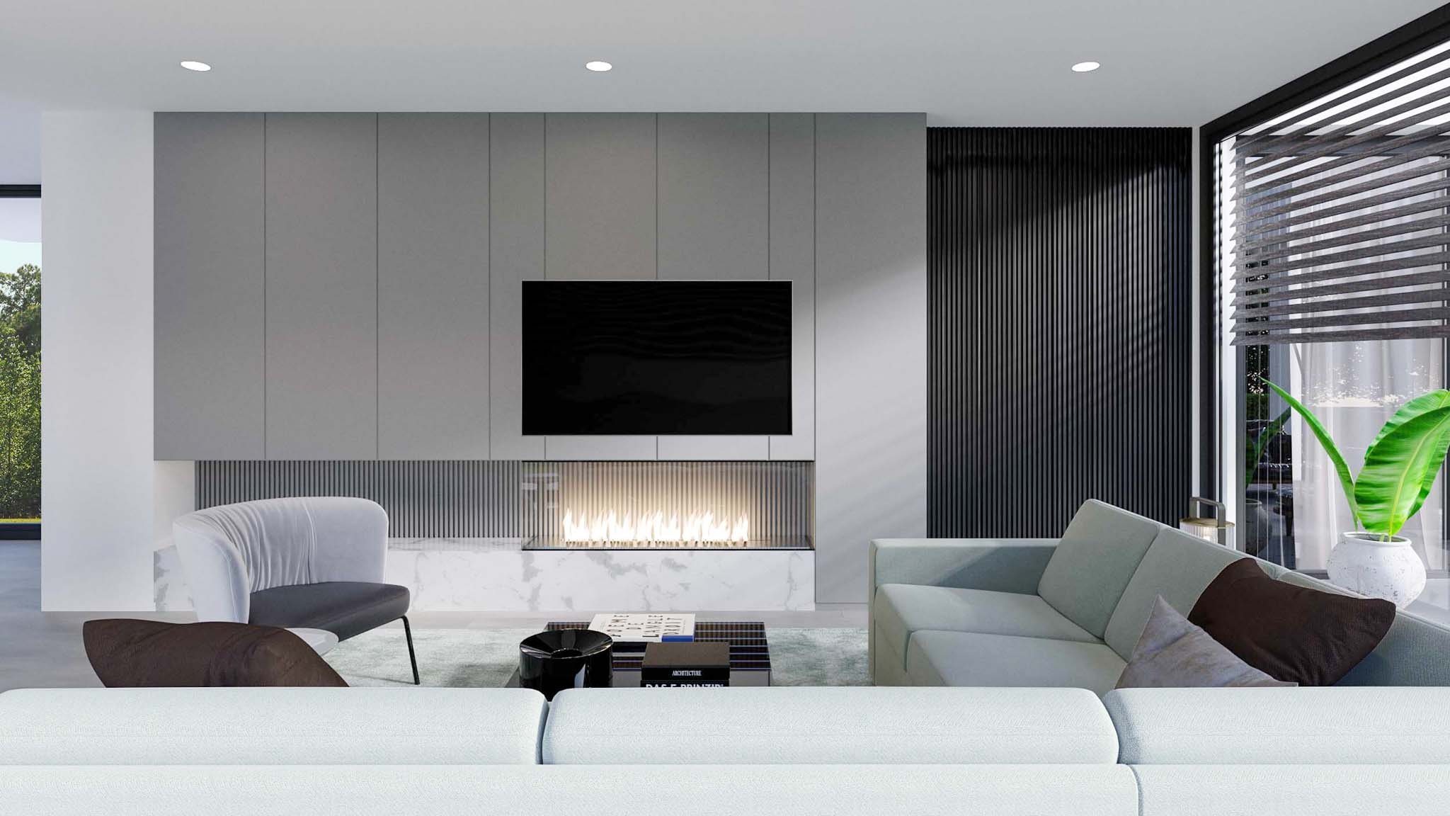 Visualisierung der Lounge mit Medienwand
