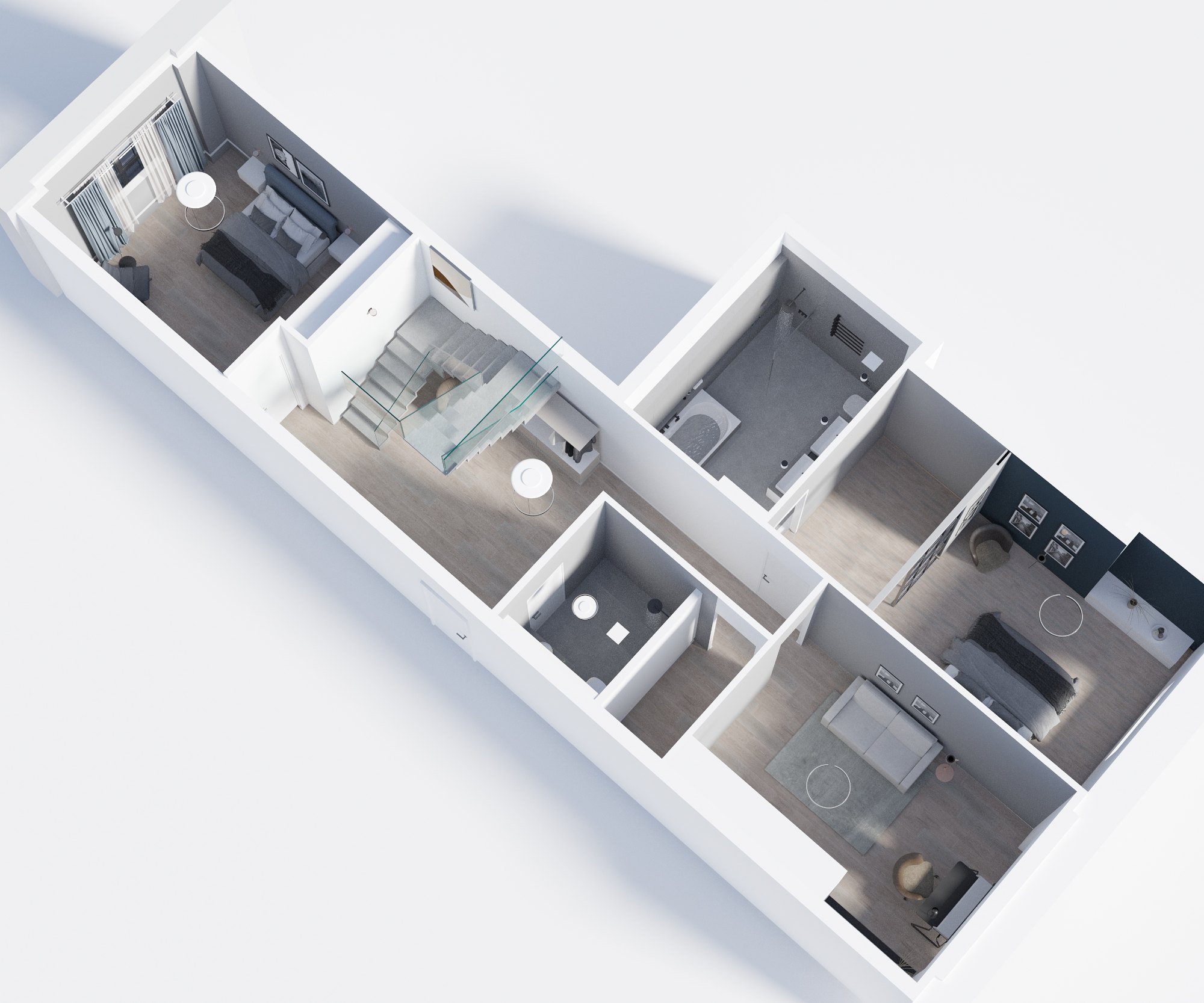 Vogelperspektive: Apartment mit Küche, Bad und Ankleide