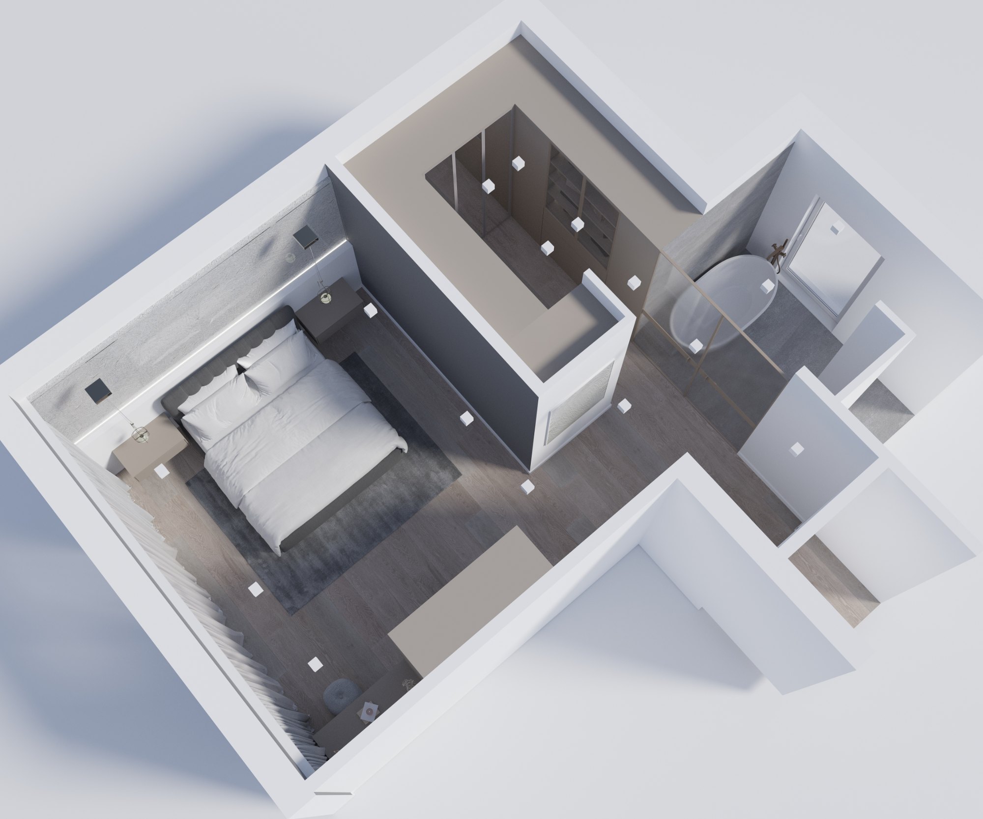 Vogelperspektive: Schlafzimmer mit Bad