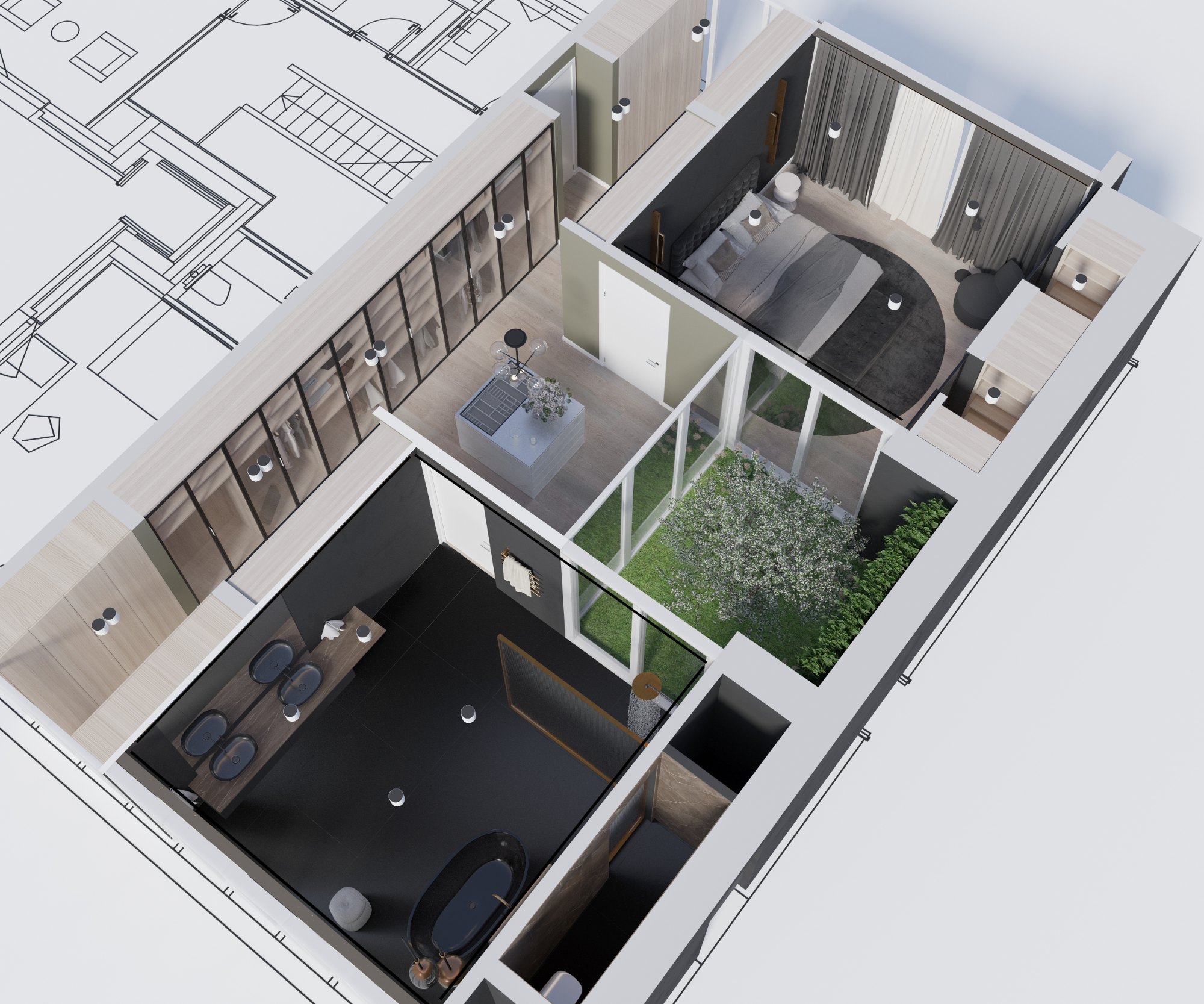 Vogelperspektive: Wohnung mit Küche, Bad und Garten